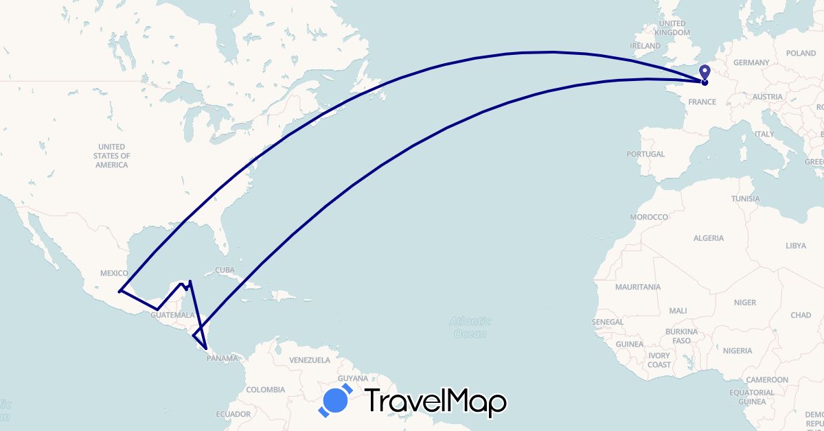 TravelMap itinerary: driving in Costa Rica, France, Mexico, Nicaragua (Europe, North America)